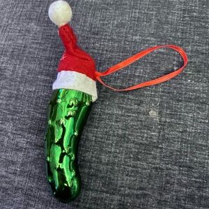 Festive Green Pickle Ornament with Santa Hat